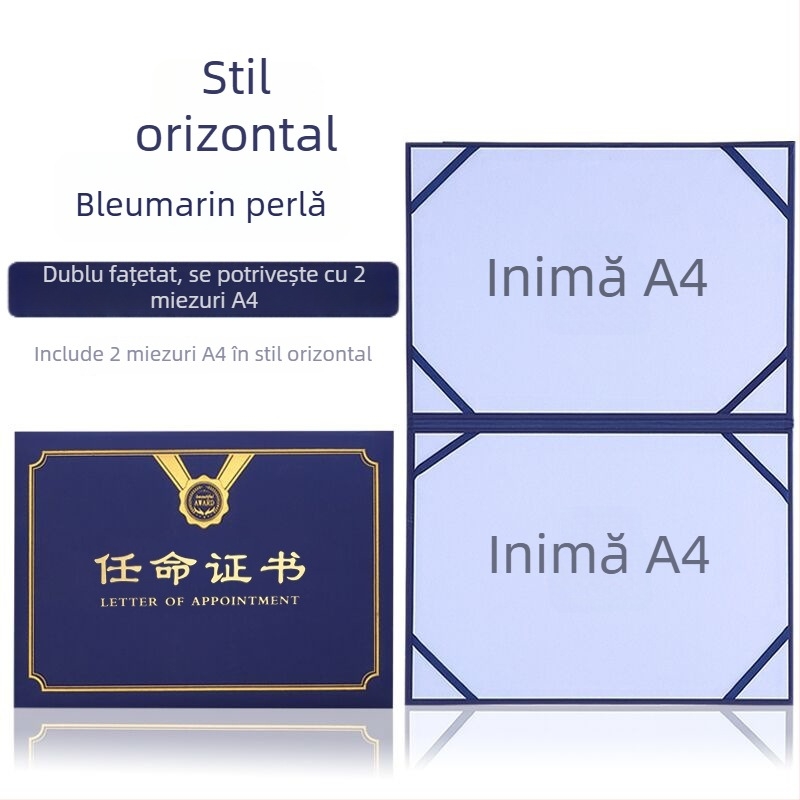 Scrisoare de numire cu copertă din folie termică aurie și finisaj perlat mat pe hârtie. Specificații: 12K, 8K, 6K, 5K, 16K. Destinat elevilor, profesorilor, funcționarilor, personalului de birou și angajaților din companie.