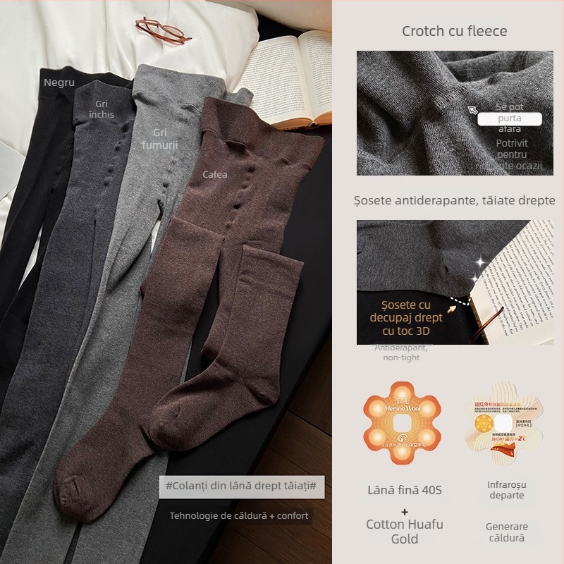 Colanți de damă din viscoză groși, pentru căldură, model solid, cu picioare