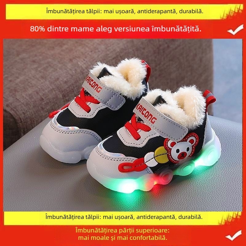 Pantofi sport pentru copii mici cu model desen animat, iarnă, talpă antiderapantă, închidere cu buton rotativ, talpă din plastic