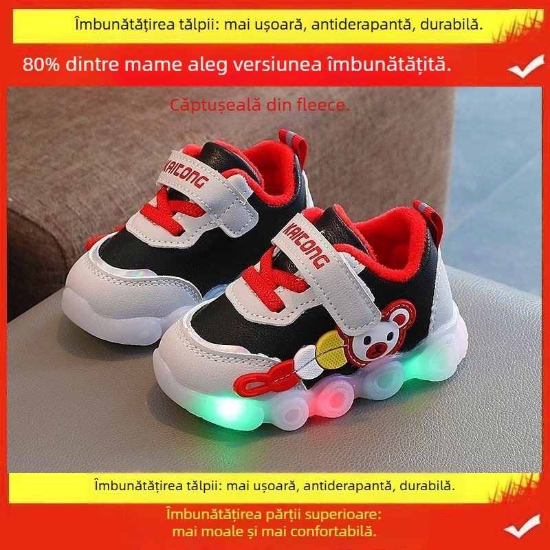 Pantofi sport pentru copii mici cu model desen animat, iarnă, talpă antiderapantă, închidere cu buton rotativ, talpă din plastic