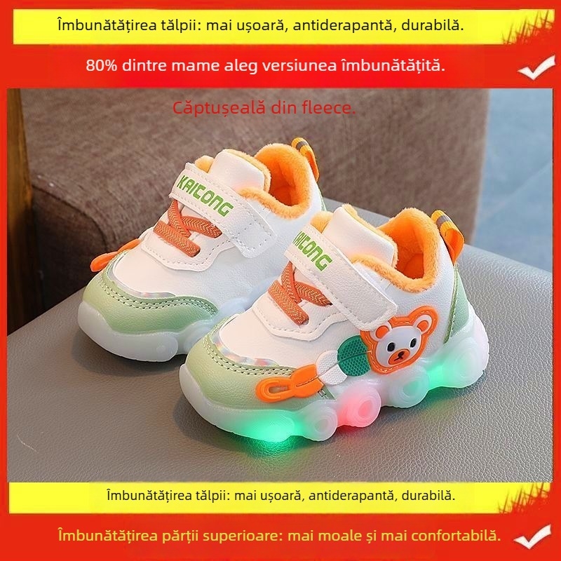 Pantofi sport pentru copii mici cu model desen animat, iarnă, talpă antiderapantă, închidere cu buton rotativ, talpă din plastic