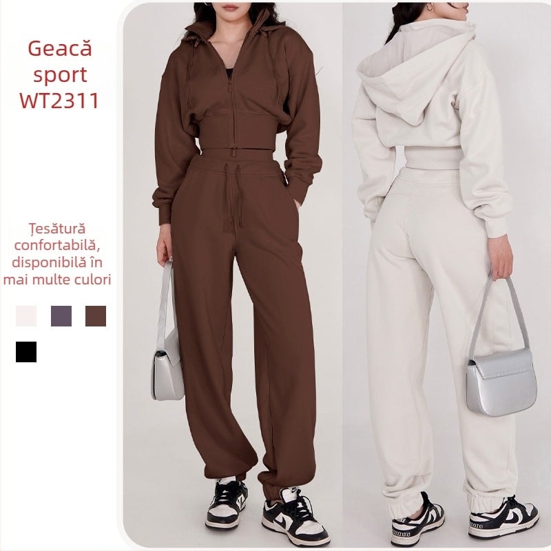 Jachetă sport pentru femei, cu glugă și guler înalt detașabil, mâneci lungi, material din amestec bumbac-poliester, pentru iarnă