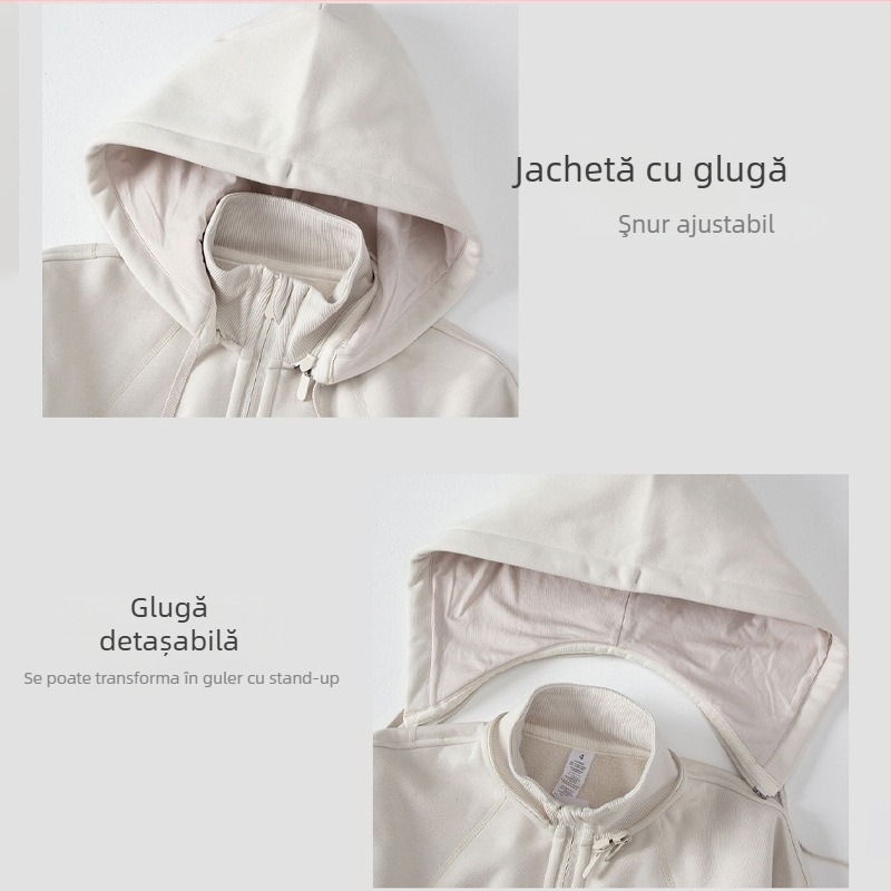 Jachetă sport pentru femei, cu glugă și guler înalt detașabil, mâneci lungi, material din amestec bumbac-poliester, pentru iarnă
