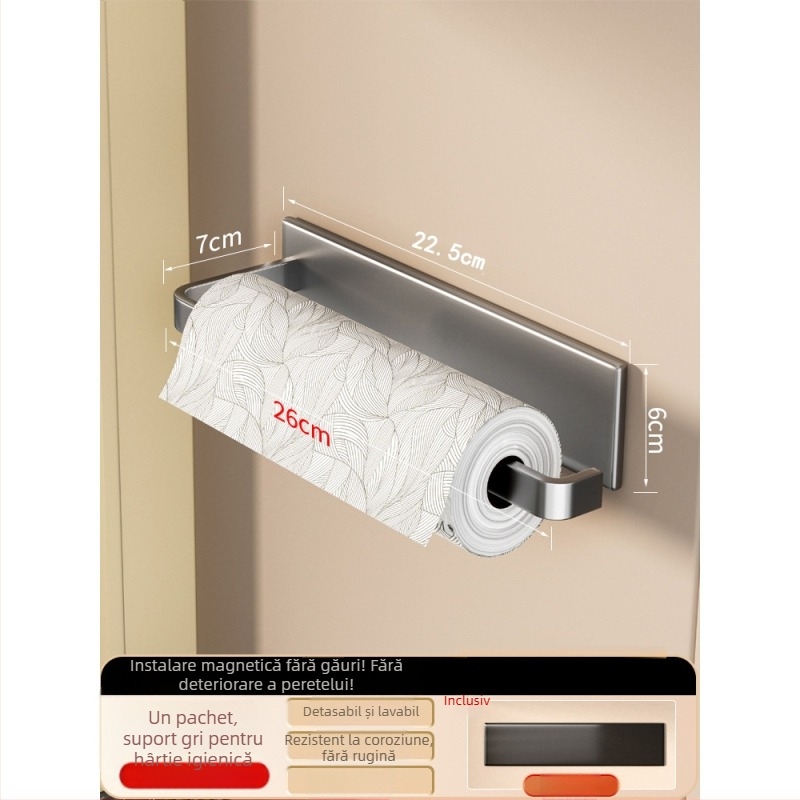 Suport de hârtie de bucătărie montat pe perete, din fier, cu magnet, montaj fără găuri, spațiu de depozitare pentru folie alimentară