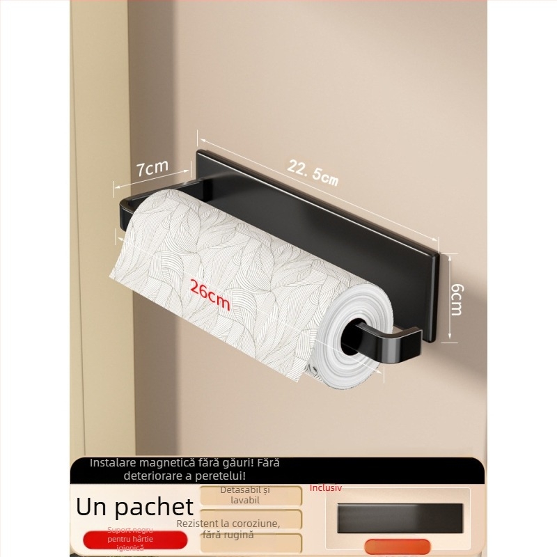Suport de hârtie de bucătărie montat pe perete, din fier, cu magnet, montaj fără găuri, spațiu de depozitare pentru folie alimentară