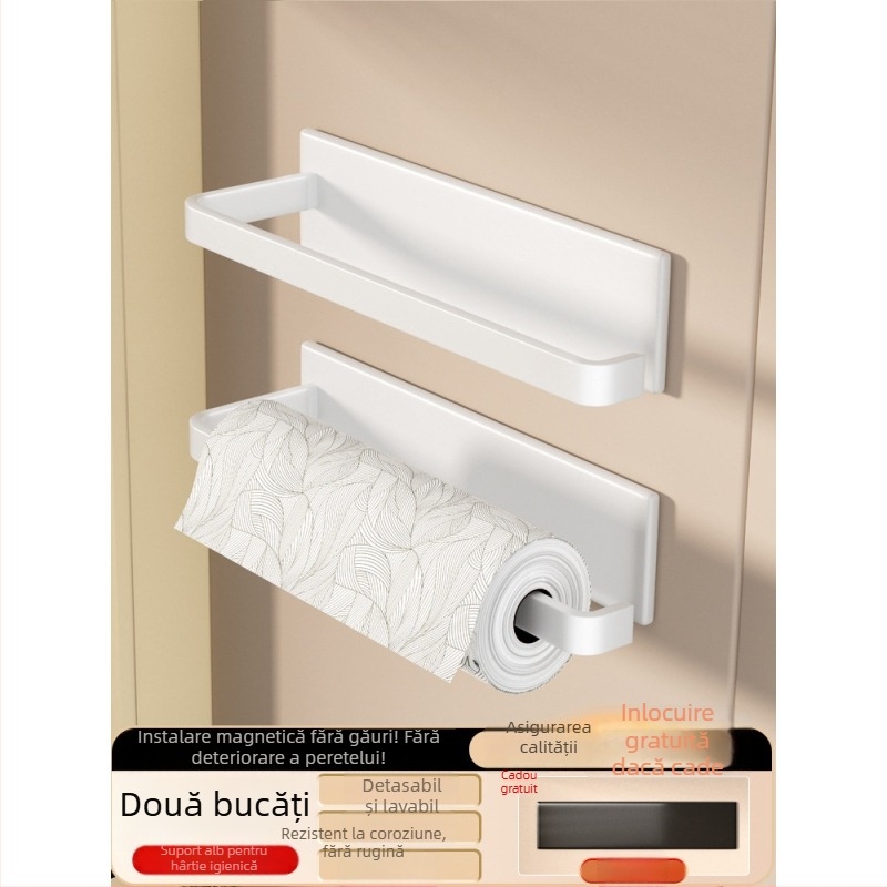 Suport de hârtie de bucătărie montat pe perete, din fier, cu magnet, montaj fără găuri, spațiu de depozitare pentru folie alimentară
