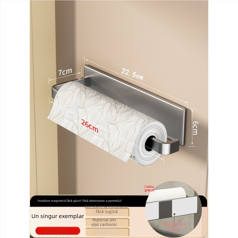 Suport de hârtie de bucătărie montat pe perete, din fier, cu magnet, montaj fără găuri, spațiu de depozitare pentru folie alimentară