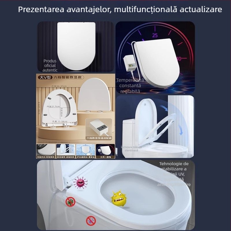 Capac de toaletă încălzit inteligent cu telecomandă – temperatură constantă, încălzire instantanee, formă U-V, polipropilenă