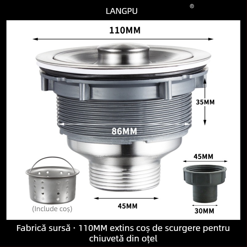 Drenaj chiuvetă bucătărie 8110 – oțel inox, LP, formă P, tip pull-up