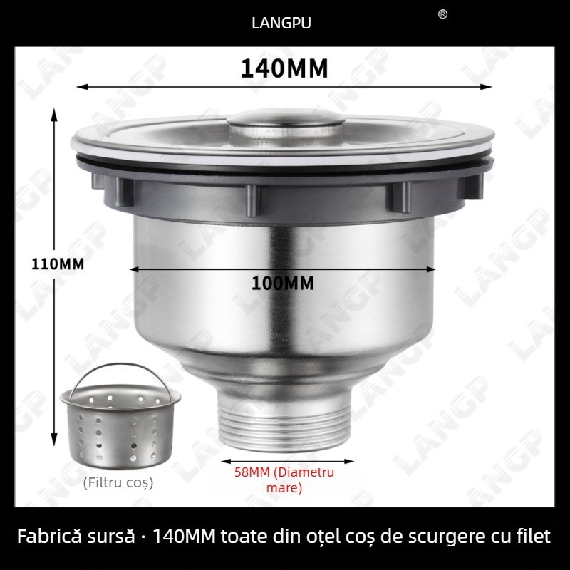 Drenaj chiuvetă bucătărie 8110 – oțel inox, LP, formă P, tip pull-up