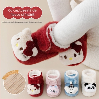 Pantofi interior pentru copii, închidere Velcro, partea superioară din pânză, căptușeală groasă din velur, talpă antiderapantă, pentru vârste 0–36 de luni