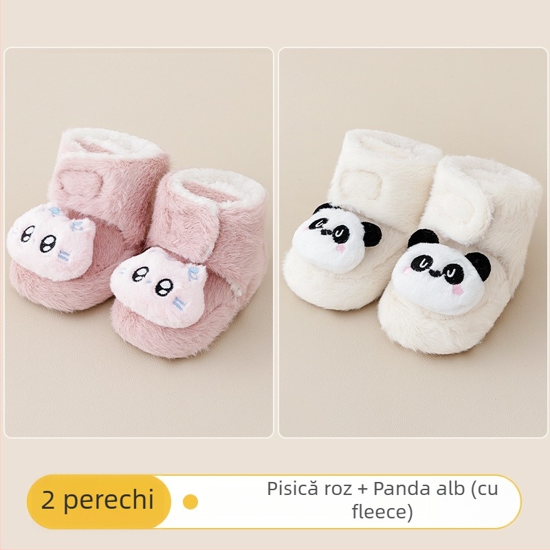 Pantofi interior pentru copii, închidere Velcro, partea superioară din pânză, căptușeală groasă din velur, talpă antiderapantă, pentru vârste 0–36 de luni