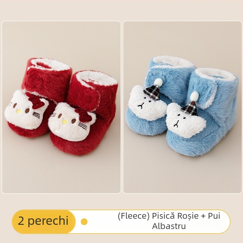 Pantofi interior pentru copii, închidere Velcro, partea superioară din pânză, căptușeală groasă din velur, talpă antiderapantă, pentru vârste 0–36 de luni