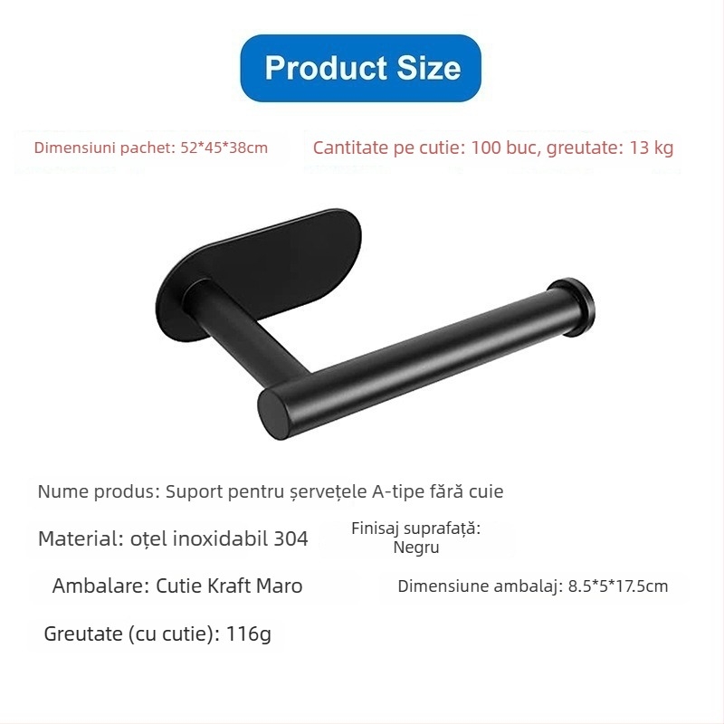 Suport pentru hârtie de bucătărie și toaletă din oțel inox, montaj fără găuri, finisaj spray, design oval, Bangnan