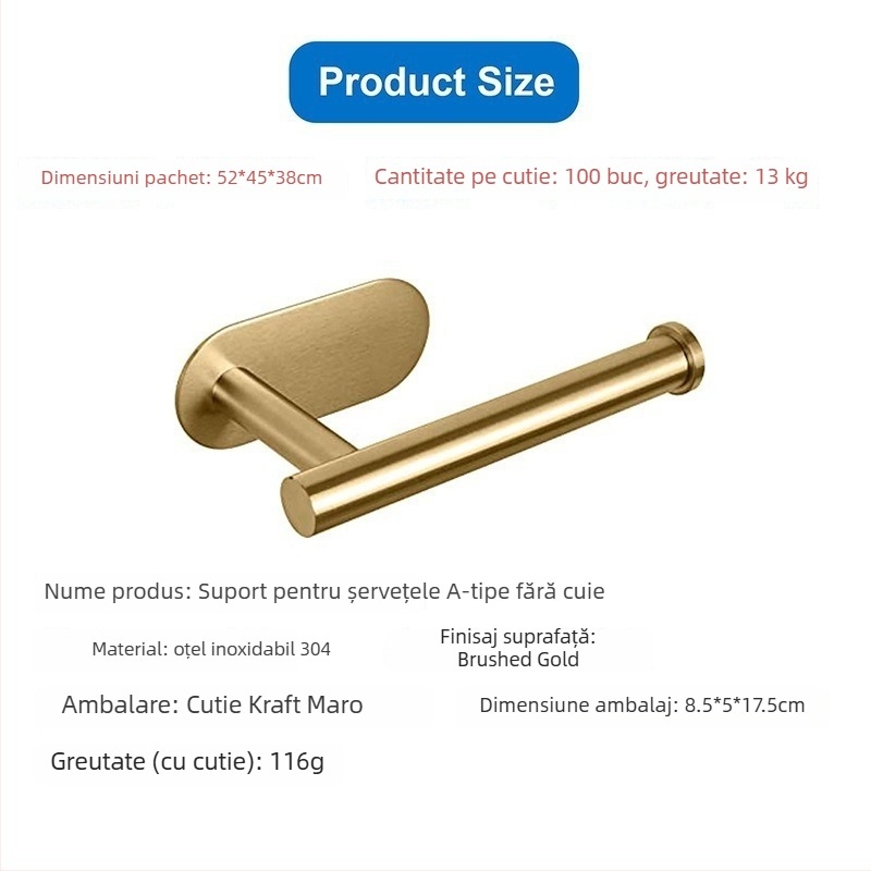 Suport pentru hârtie de bucătărie și toaletă din oțel inox, montaj fără găuri, finisaj spray, design oval, Bangnan