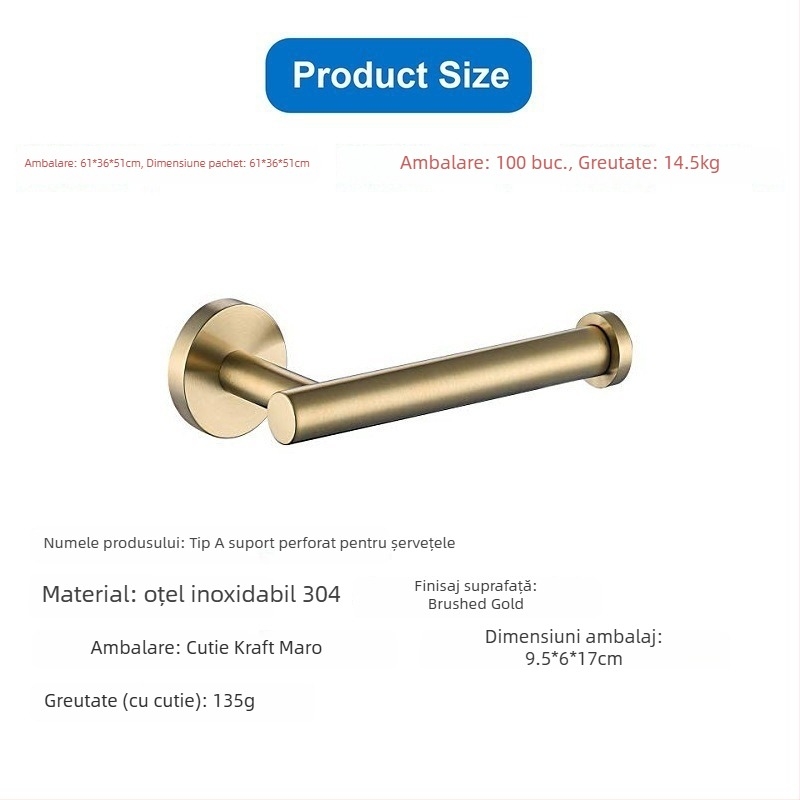 Suport pentru hârtie de bucătărie și toaletă din oțel inox, montaj fără găuri, finisaj spray, design oval, Bangnan