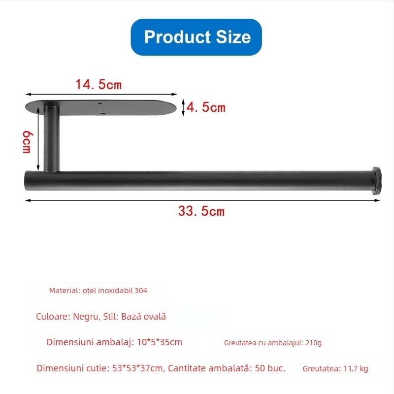 Suport pentru hârtie de bucătărie și toaletă din oțel inox, montaj fără găuri, finisaj spray, design oval, Bangnan