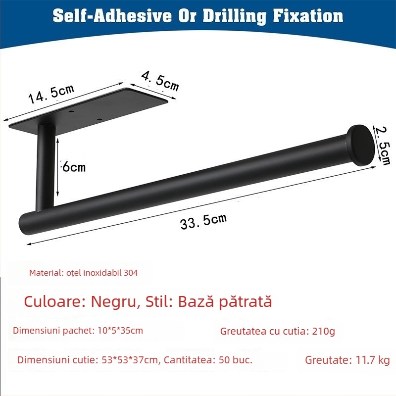 Suport pentru hârtie de bucătărie și toaletă din oțel inox, montaj fără găuri, finisaj spray, design oval, Bangnan