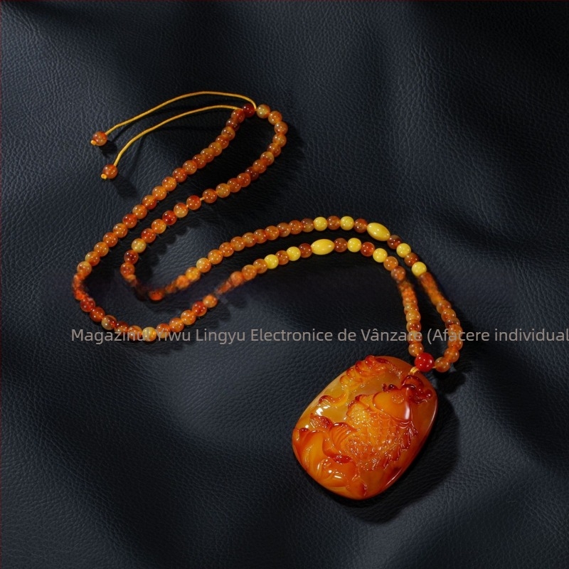 Pandant dragon de chihlimbar pe lanț de pulover, lanț cu bile, colier lung unisex, formă de picătură, stil vintage