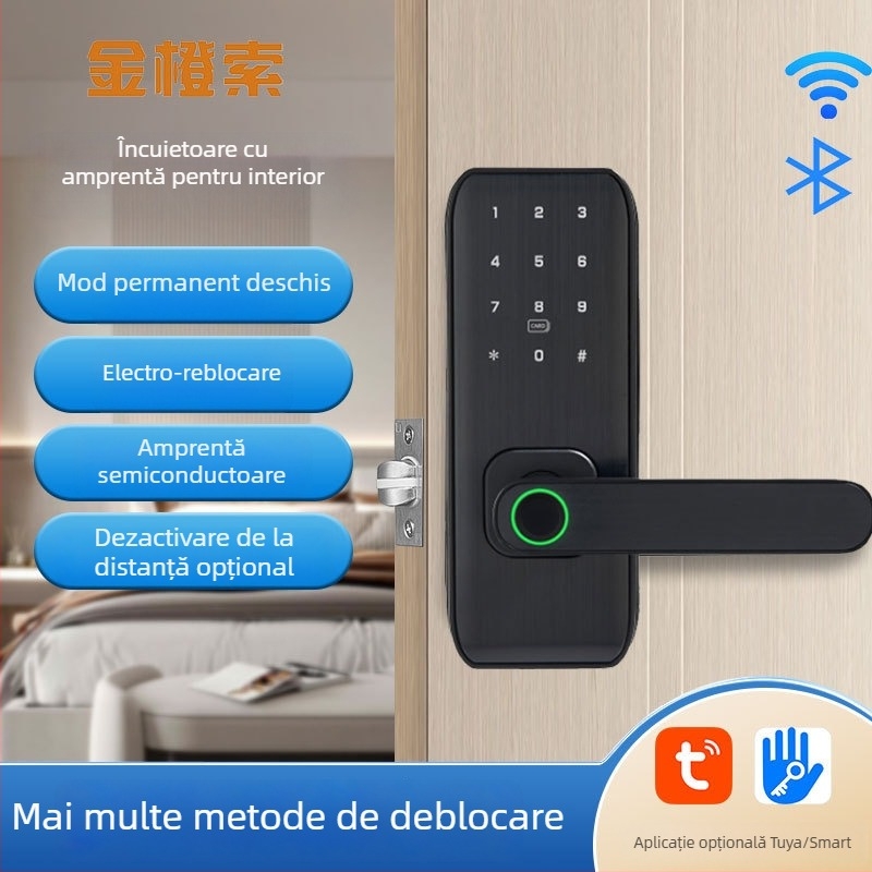 Încuietoare inteligentă cu amprentă pentru uși de lemn interioare – model M1, capacitate amprinte 100, timp de scanare <0,01 s, interval de temperatură -20°C până la 60°C, viață 500.000 cicluri