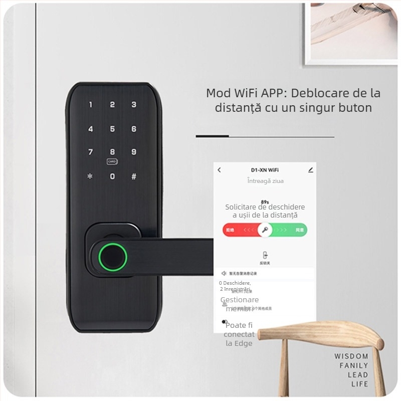 Încuietoare inteligentă cu amprentă pentru uși de lemn interioare – model M1, capacitate amprinte 100, timp de scanare <0,01 s, interval de temperatură -20°C până la 60°C, viață 500.000 cicluri