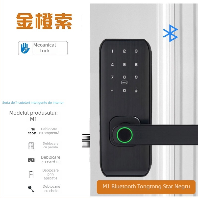 Încuietoare inteligentă cu amprentă pentru uși de lemn interioare – model M1, capacitate amprinte 100, timp de scanare <0,01 s, interval de temperatură -20°C până la 60°C, viață 500.000 cicluri