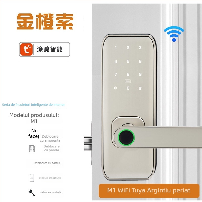 Încuietoare inteligentă cu amprentă pentru uși de lemn interioare – model M1, capacitate amprinte 100, timp de scanare <0,01 s, interval de temperatură -20°C până la 60°C, viață 500.000 cicluri