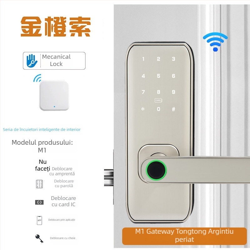 Încuietoare inteligentă cu amprentă pentru uși de lemn interioare – model M1, capacitate amprinte 100, timp de scanare <0,01 s, interval de temperatură -20°C până la 60°C, viață 500.000 cicluri