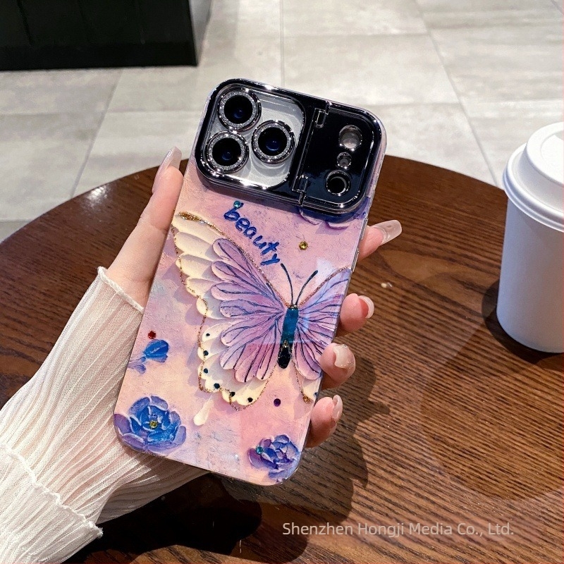 Husă de telefon cu cristale în design pictură în ulei cu flori, compatibilă cu Apple iPhone, material acrilic+TPU, suport pentru obiectiv și protecție anti-cădere