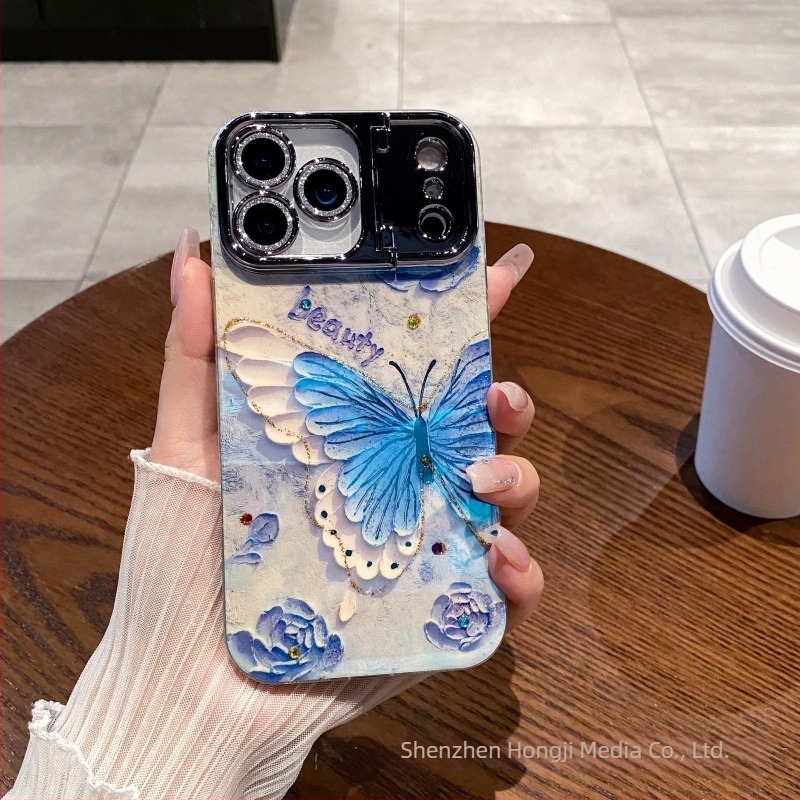 Husă de telefon cu cristale în design pictură în ulei cu flori, compatibilă cu Apple iPhone, material acrilic+TPU, suport pentru obiectiv și protecție anti-cădere