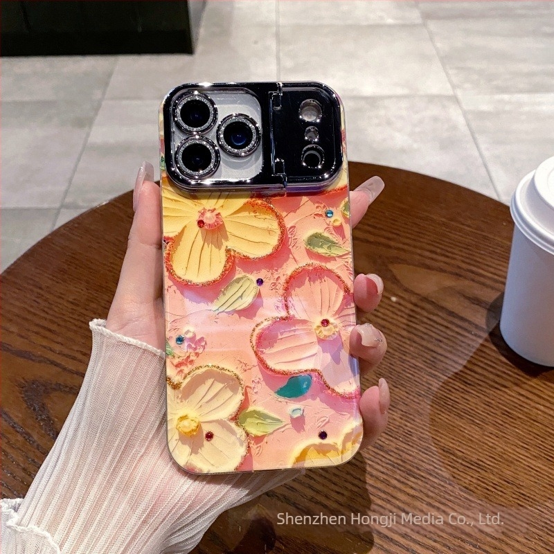 Husă de telefon cu cristale în design pictură în ulei cu flori, compatibilă cu Apple iPhone, material acrilic+TPU, suport pentru obiectiv și protecție anti-cădere