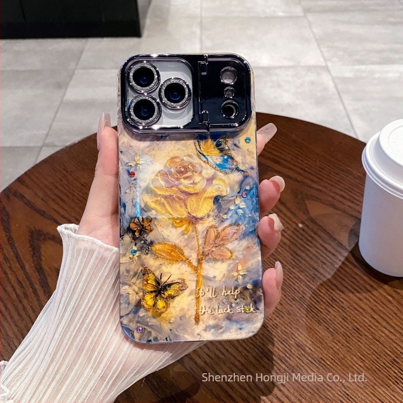 Husă de telefon cu cristale în design pictură în ulei cu flori, compatibilă cu Apple iPhone, material acrilic+TPU, suport pentru obiectiv și protecție anti-cădere