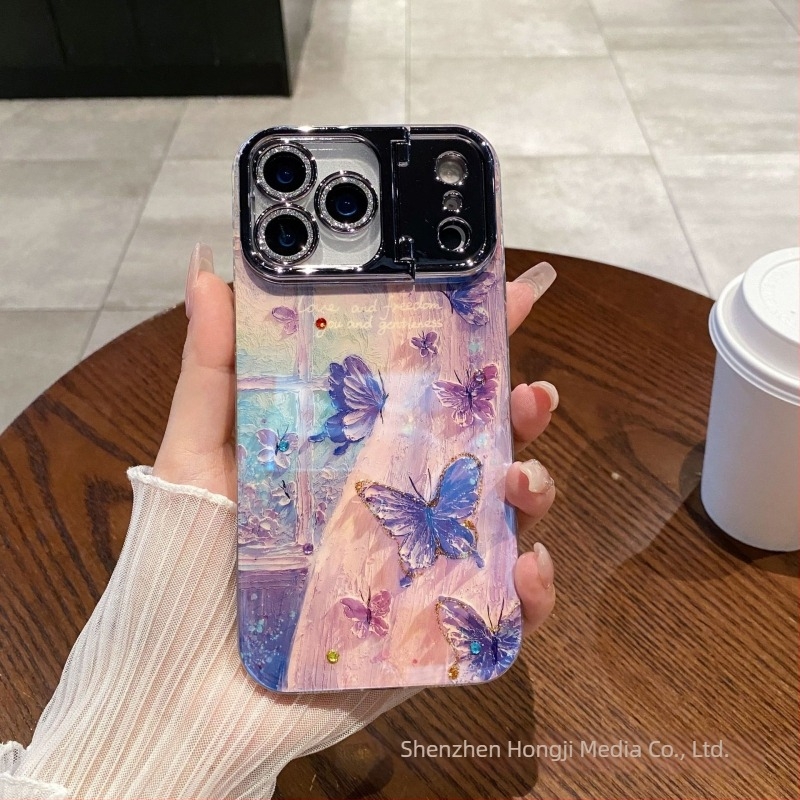 Husă de telefon cu cristale în design pictură în ulei cu flori, compatibilă cu Apple iPhone, material acrilic+TPU, suport pentru obiectiv și protecție anti-cădere