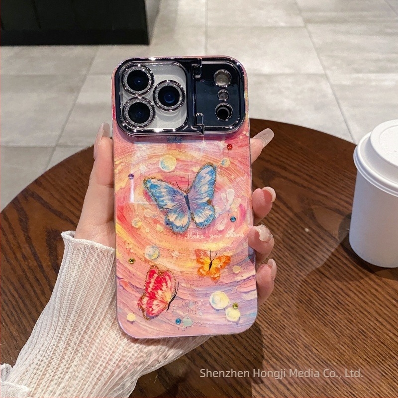 Husă de telefon cu cristale în design pictură în ulei cu flori, compatibilă cu Apple iPhone, material acrilic+TPU, suport pentru obiectiv și protecție anti-cădere