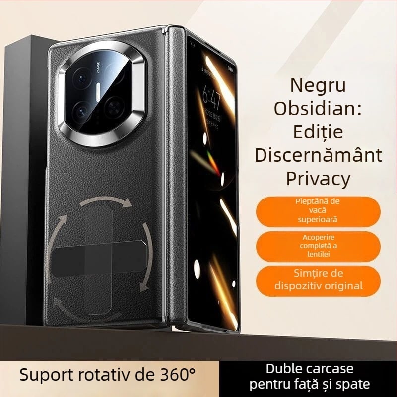 NECONO husă din piele pentru Huawei Mate X7, cu capac frontal și spate, piele reală, suport încorporat, anti-cădere, rezistentă la zgârieturi