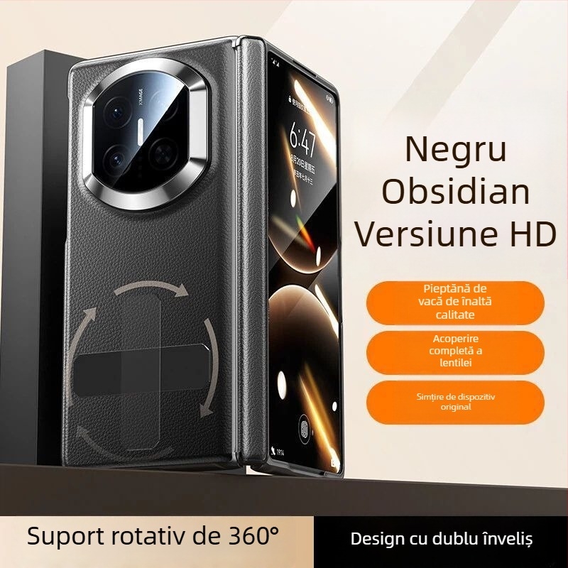 NECONO husă din piele pentru Huawei Mate X7, cu capac frontal și spate, piele reală, suport încorporat, anti-cădere, rezistentă la zgârieturi