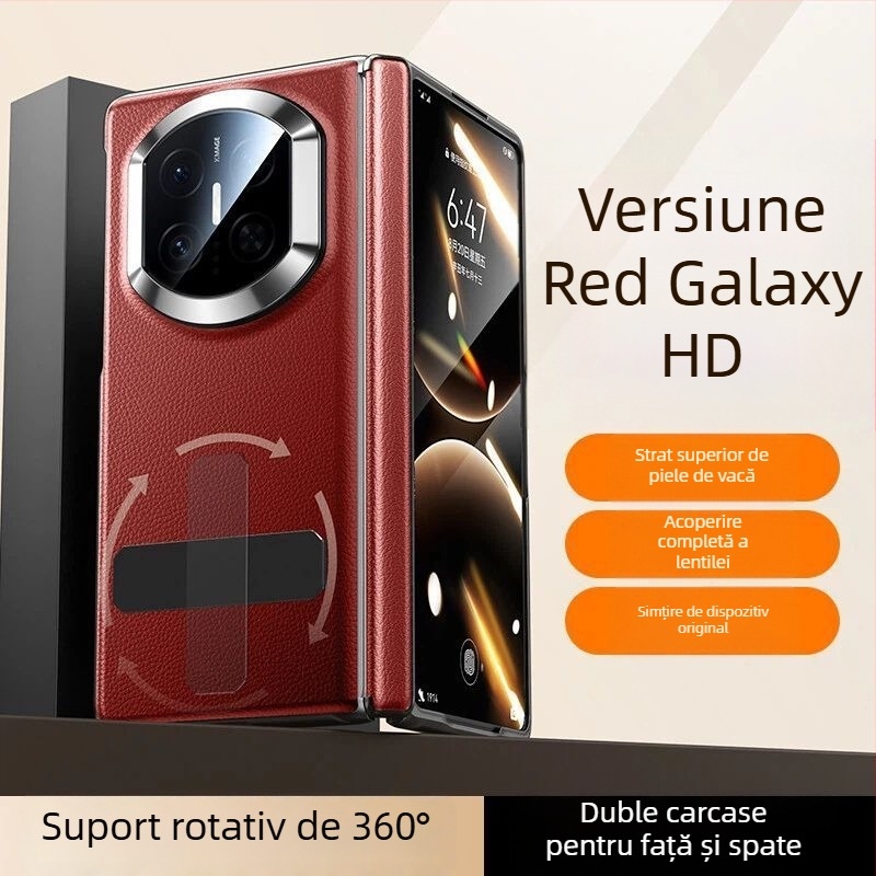 NECONO husă din piele pentru Huawei Mate X7, cu capac frontal și spate, piele reală, suport încorporat, anti-cădere, rezistentă la zgârieturi