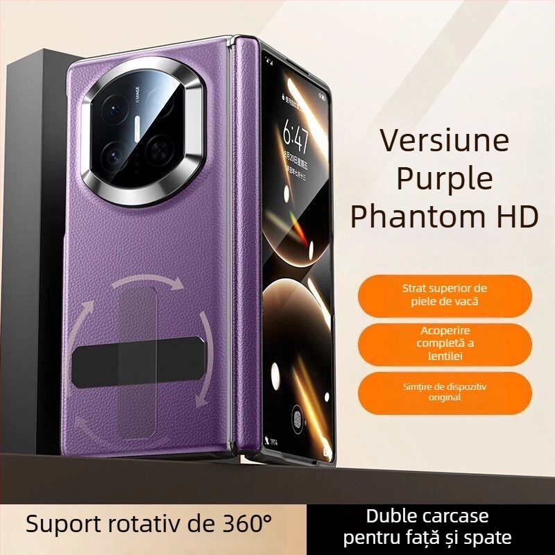 NECONO husă din piele pentru Huawei Mate X7, cu capac frontal și spate, piele reală, suport încorporat, anti-cădere, rezistentă la zgârieturi