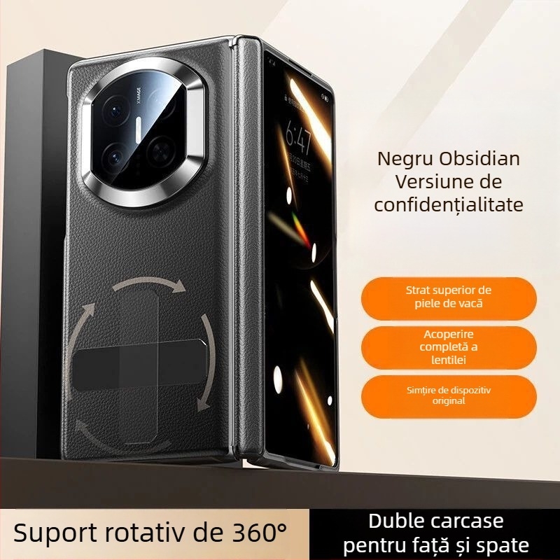 NECONO husă din piele pentru Huawei Mate X7, cu capac frontal și spate, piele reală, suport încorporat, anti-cădere, rezistentă la zgârieturi