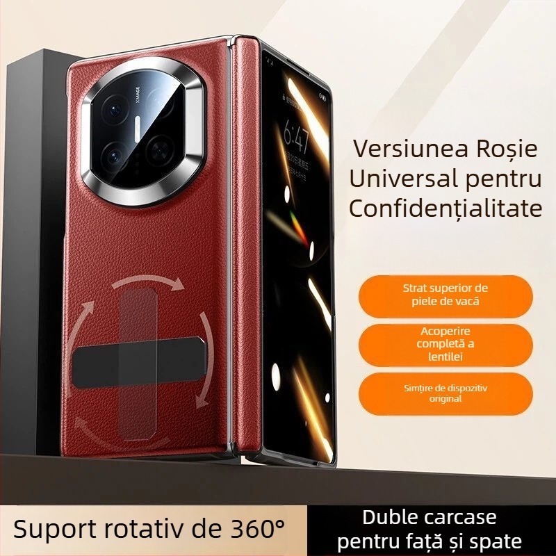 NECONO husă din piele pentru Huawei Mate X7, cu capac frontal și spate, piele reală, suport încorporat, anti-cădere, rezistentă la zgârieturi