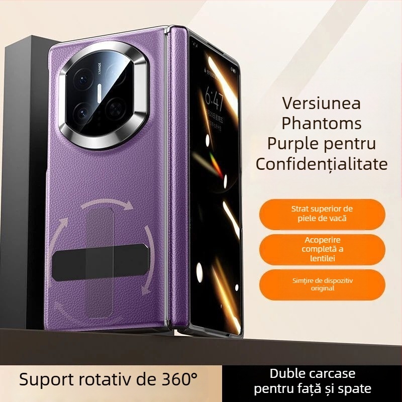 NECONO husă din piele pentru Huawei Mate X7, cu capac frontal și spate, piele reală, suport încorporat, anti-cădere, rezistentă la zgârieturi