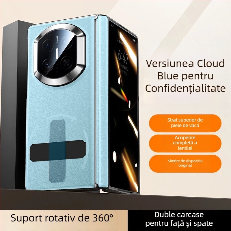 NECONO husă din piele pentru Huawei Mate X7, cu capac frontal și spate, piele reală, suport încorporat, anti-cădere, rezistentă la zgârieturi