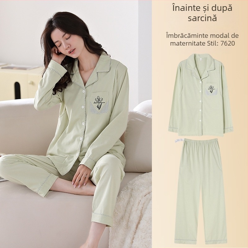 Pijamale de maternitate din modal, stil cardigan, mâneci lungi, decolteu în V, haine de casă respirabile pentru gravide