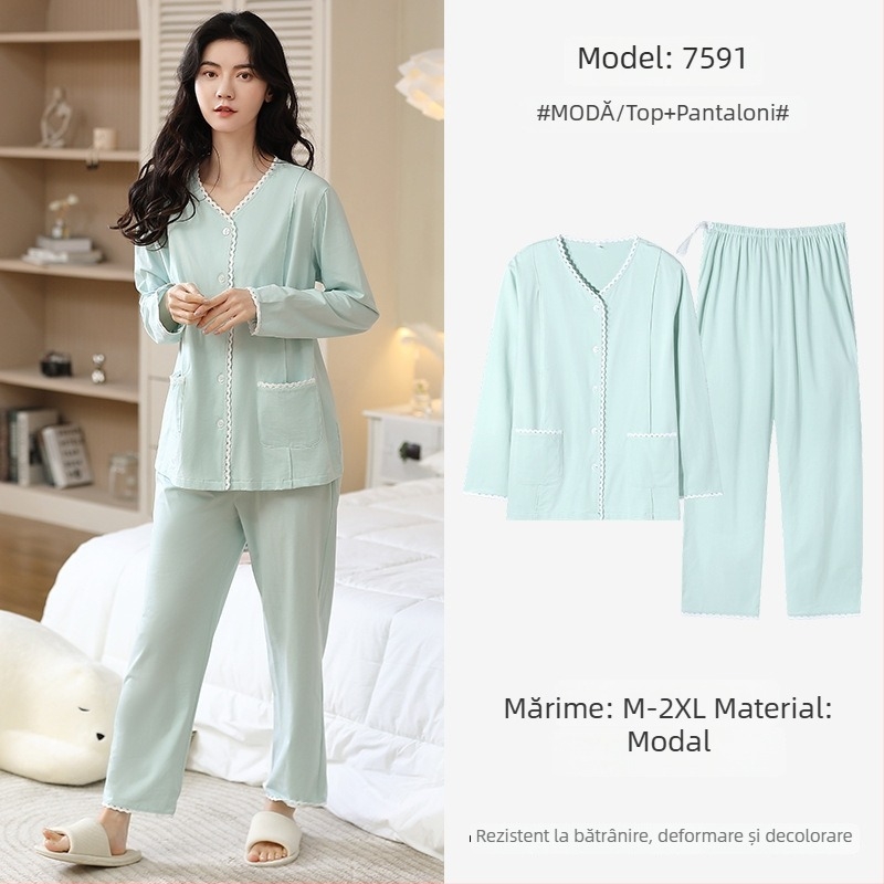 Pijamale de maternitate din modal, stil cardigan, mâneci lungi, decolteu în V, haine de casă respirabile pentru gravide