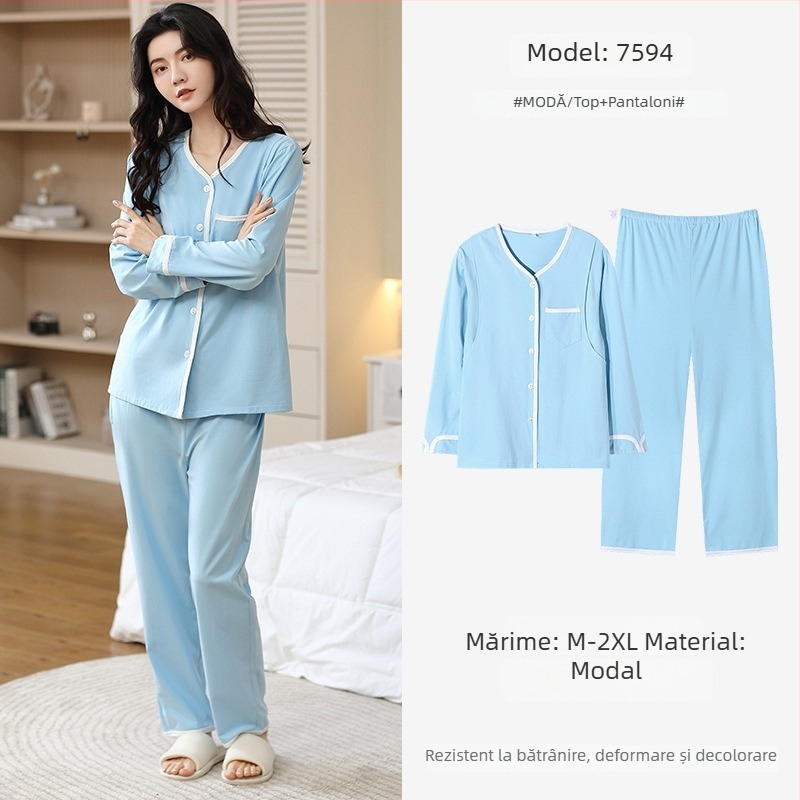 Pijamale de maternitate din modal, stil cardigan, mâneci lungi, decolteu în V, haine de casă respirabile pentru gravide