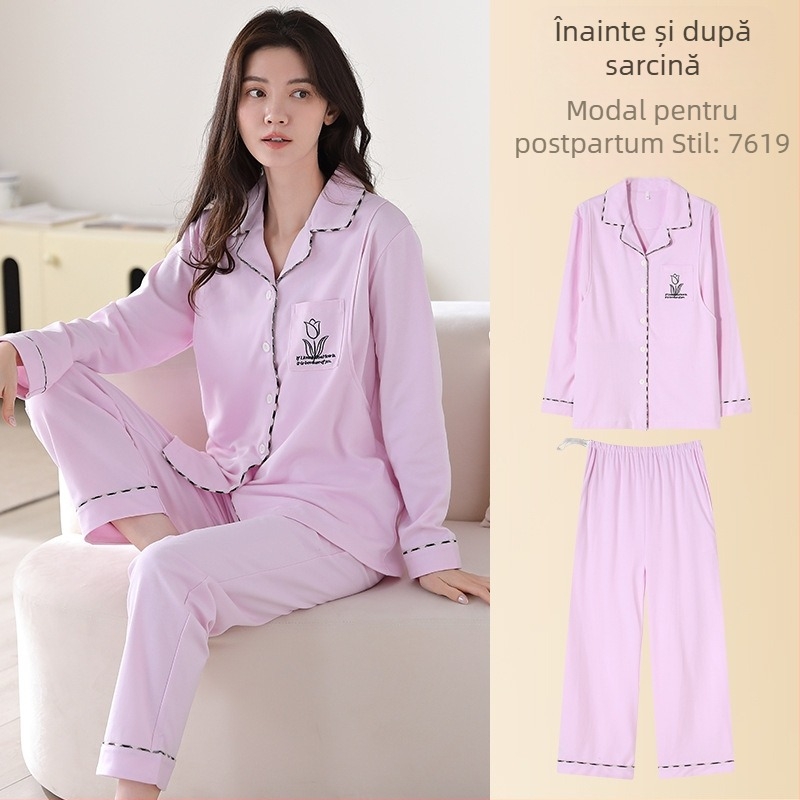 Pijamale de maternitate din modal, stil cardigan, mâneci lungi, decolteu în V, haine de casă respirabile pentru gravide