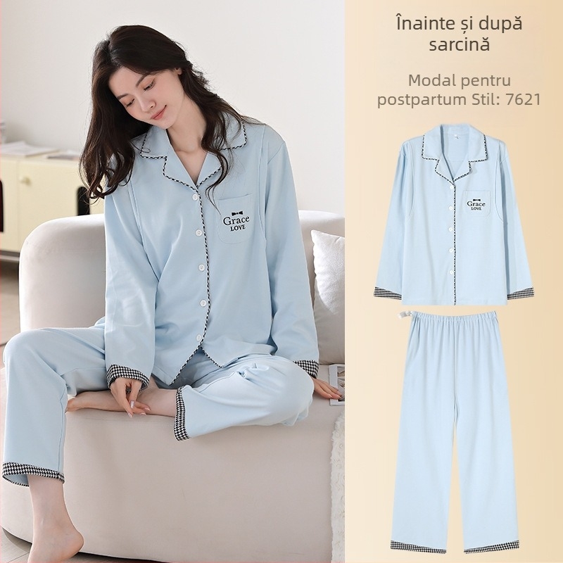 Pijamale de maternitate din modal, stil cardigan, mâneci lungi, decolteu în V, haine de casă respirabile pentru gravide