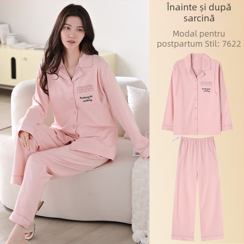 Pijamale de maternitate din modal, stil cardigan, mâneci lungi, decolteu în V, haine de casă respirabile pentru gravide