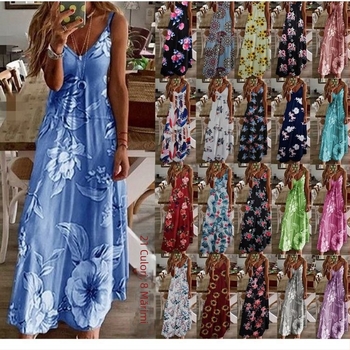 Rochie de vară maxi cu imprimeu, bretele subțiri, decolteu în V, croială în A-line, fără mâneci, talie la mijloc, material: amestec bumbac-poliester