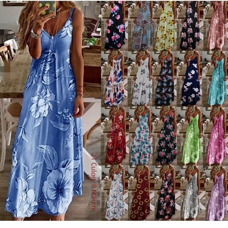 Rochie de vară maxi cu imprimeu, bretele subțiri, decolteu în V, croială în A-line, fără mâneci, talie la mijloc, material: amestec bumbac-poliester